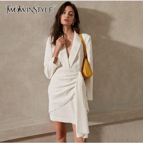 TWOTWINSTYLE Temperament White Dress For Women V Neck Long Sleeve High Waist Irregular Hem Ruched Mini Dresses Female Autumn New