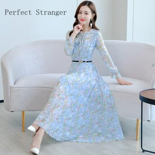 2020 Autumn New Arrival High Quality Elegant Bow Collar Long Sleeve Printed Women Chiffon Long Dress