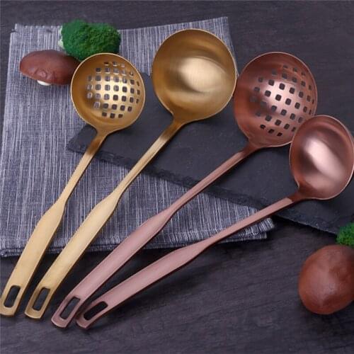 Stainless Steel Gold Soup Long Handle Ladle&Slotted Colander Spoon Set Hot Pot Strainer Filter Skimmer Kitchen Cooking Tool