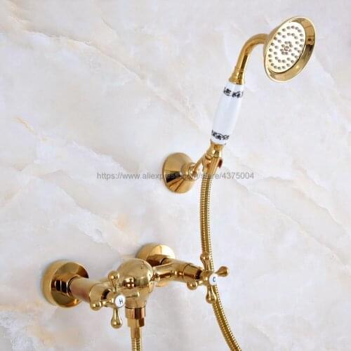 Gold Color Brass Bathroom Shower Faucet Mixer Tap With Hand Shower Head Shower Faucet Set Wall Mounted Nna967