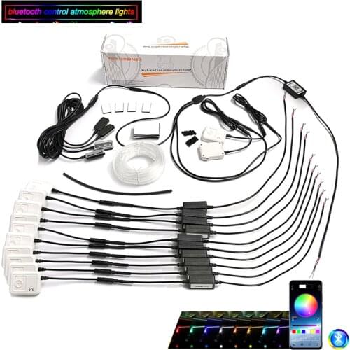 12 Pcs X 3W 64colors LED Car Ambient Lights + 4 Foot Lamps + 9M Optical Fibre Wireless No Threading App Control