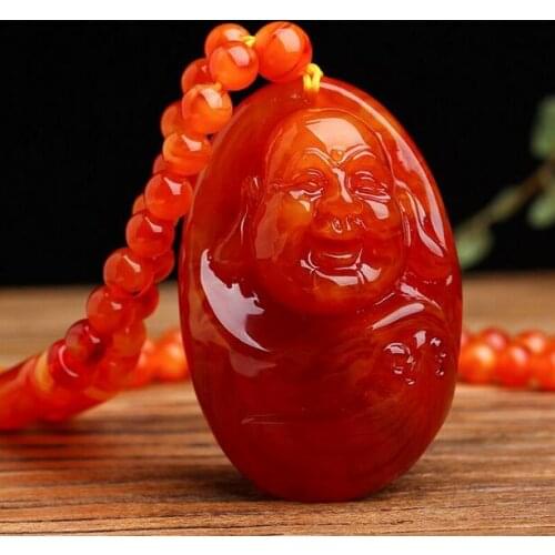 50mm Natural beeswax Maitreya smile face Buddha blood chicken red female pendant necklace