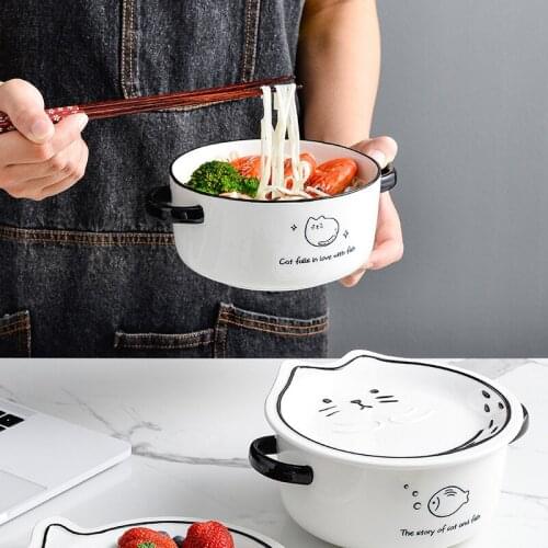 Binaural instant noodle bowl with lid ceramic student dormitory soup bowl creative ceramic net red noodle bowl can be microwaved