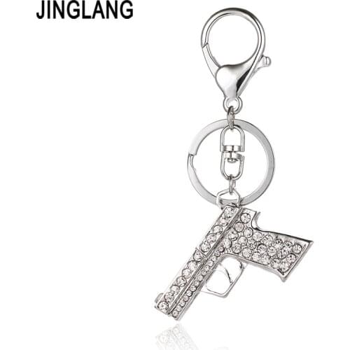 JINGLANG Classic Silver Color Metal Lobster Clasp Keyring Dangle 3D Crystal Gun Charm Keychains For Men Pendant Jewelry