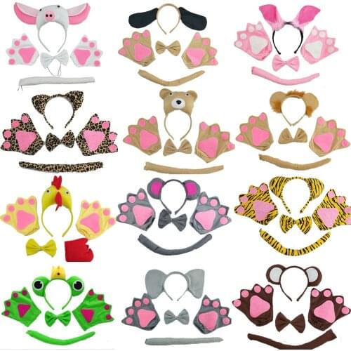 Animal Ear Headband Plush Tail Bow Tie Claw Costume Set Halloween Christmas Theme Birthday Party Cosplay Festival Props