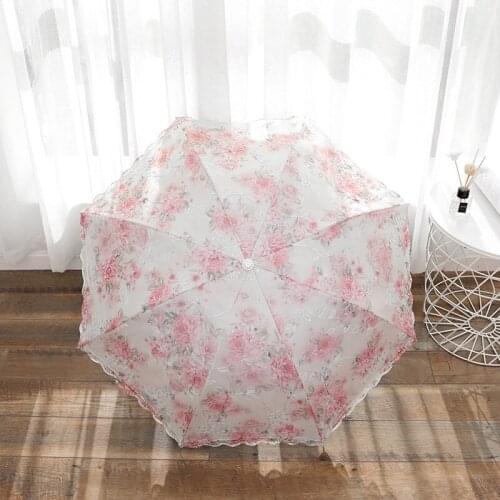Double Lace Umbrella Lace Rain AND Shine Dual-Use Embroidery Three-Fold Umbrella Sunscreen Vinyl Sun Umbrella