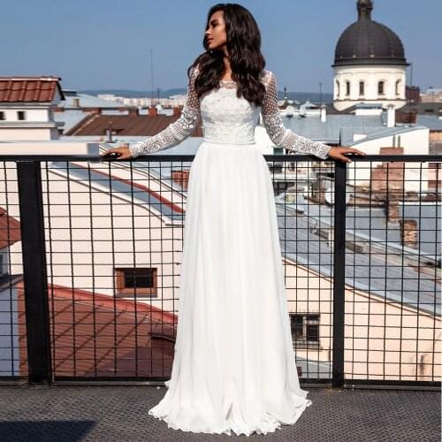 Elegant Chiffon A Line Wedding Dress 2021 Scoop Neck Lace Long Sleeveless White Ivory Sweep Train Bridal Gowns