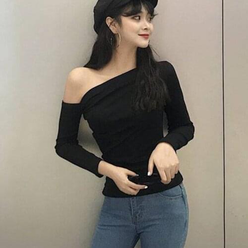 Aesthetic Off Shoulder T Shirt Women Sexy Long Sleeve Stranger Things T-Shirts Female Solid Color Slim Tee Shirt Femme