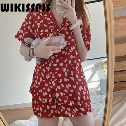 WIKISSPJS Summer Pajama Girl Cardigan Print Short Sleeve Short Sleeve Two Piece Set Summer Lounge Wear Sleep Wear Sleep Tops