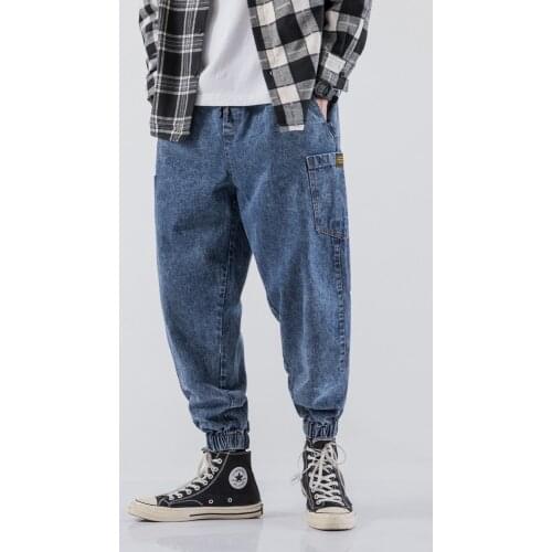 2021 Mens Leisure Loose Casual Pants Baggy Homme Haren Pants Cargo Big Pocket Wash Jeans Black/blue Color Biker Denim Trousers