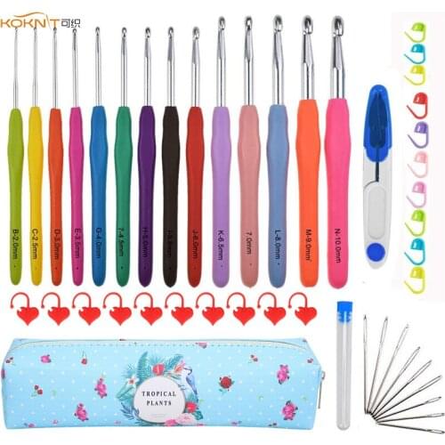 KOKNIT 35pcs Pack Crochet Hooks Set 14pcs Mix 2.0-10.0mm Soft Handle Extra Long Crochet Needles Yarn Weave Knitting Needles Set