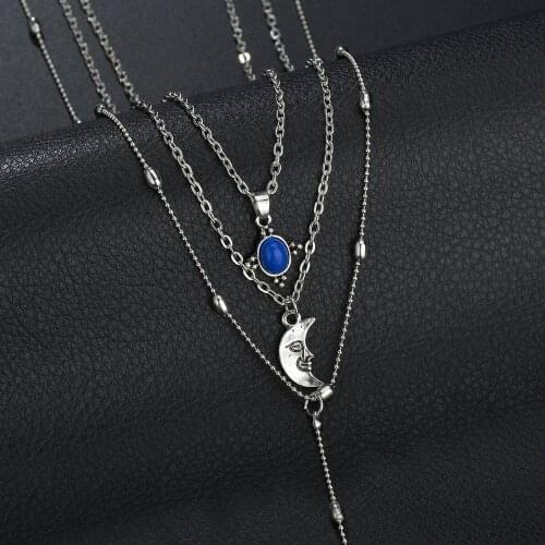 ABAY Punk Frosty Style Metal Moon Face Portrait Multiple Chains Necklace Choker Pendent Necklace for Women Collar Neck Jewelry