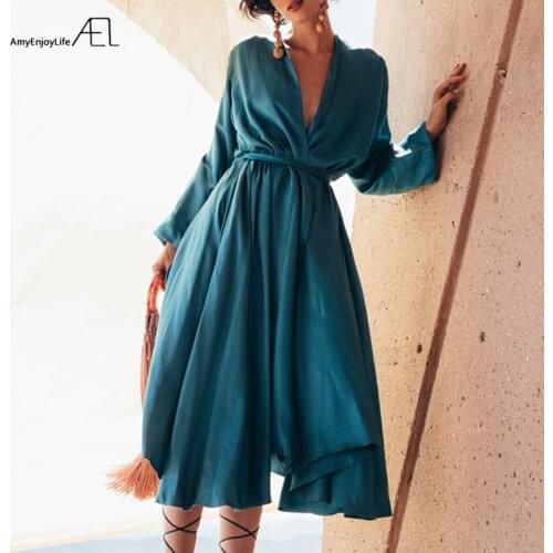 AEL Peacock Blue gown dress femme 2019 France Vintage robe Dress Women Loose Casual Maxi Dresses Retro Fashion