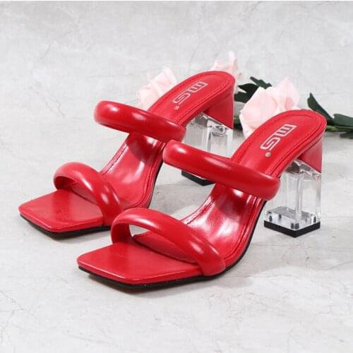 Summer Women Sandals Transparent Heels Square Toe Solid Color Fashion High-heeled Sandals Leather Concise Open Toe Sandals 2021