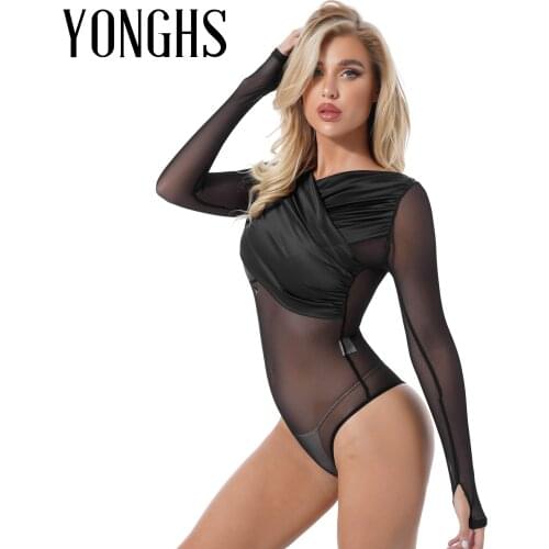 Sexy Womens Lingerie Slim Fit Leotard Bodysuits Sheer Mesh Patchwork Rompers Long Sleeve Wrapped V Neck Bodysuit for Club Party