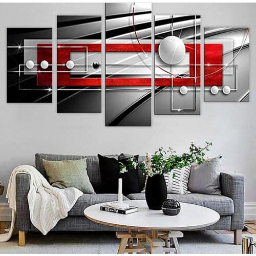 Modern Symmetry Black and White Red Canvas Print Wall Art Contemporary Painting 5 Pieces Decorations Picture Ready to Hang Home