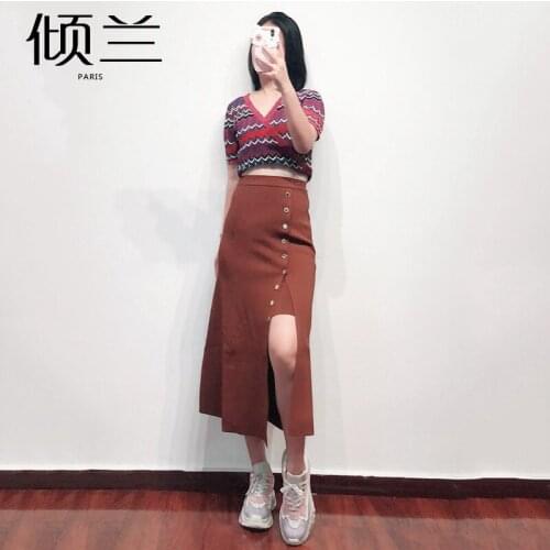 Patads French fashion trend diamond studded button stitched split skirt long skirt womens spring and summer j30346e