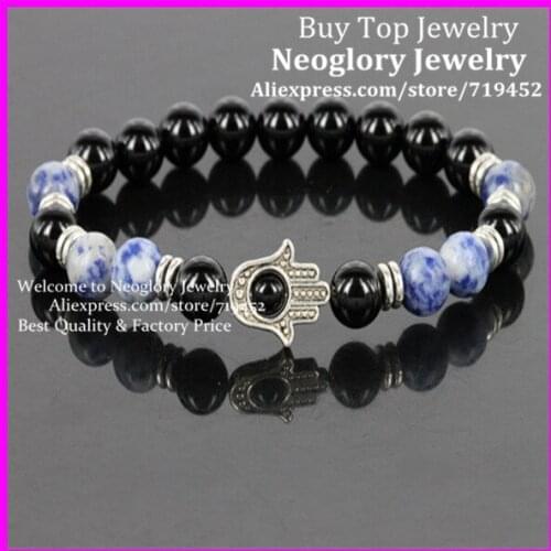 10PCS High Quality Nature 8mm Black Onyx Stone Beads With Semi Precious lapis lazuli Beads Bracelet Hamsa Fatima Hand Bracelet