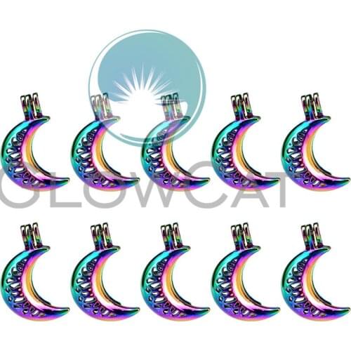 10x C836 Rainbow Colors Crescent Moon Pearl Cage Locket Pendant Essential Oil Diffuser Bead Cage Jewelry Locket For Oyster