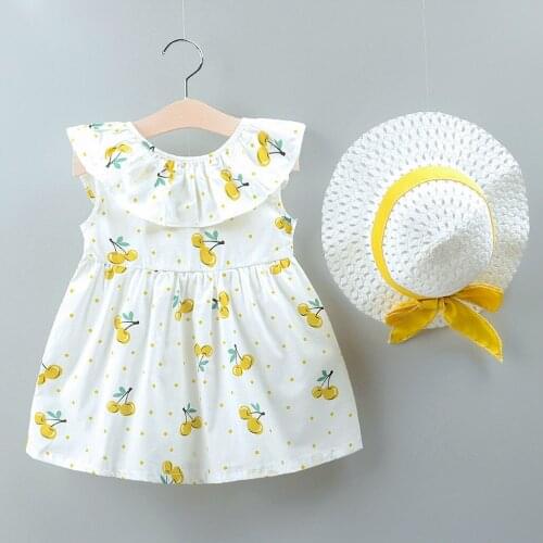 40# Toddler Kid Dresses Baby Girl Childrens Sleeveless Cherry Ruffled Neck Back Bow Dress + Straw Hat Set Summer Dress