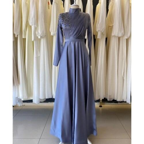 Satin Beaded Long Sleeve Muslim Prom Dress High Neck A Line Saudi Arabic Evening Formal Party Gowns платье robe de soirée