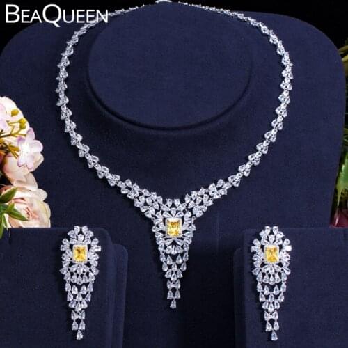 BeaQueen Brilliant Yellow Crystal Jewelry Sets for Women Full CZ Stone Long Earring Necklace Set Wedding Dress Accessories JS200