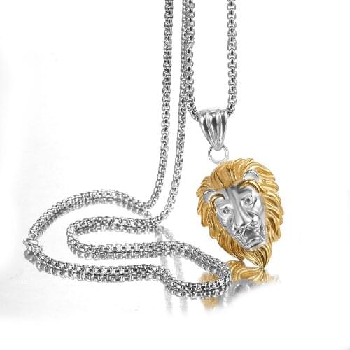 Top Stainless Steel Silver Color&Gold Lion Head Animal Pendant Mens Womens Fashion Daily Jewelry Free Box Link Chain New Gift