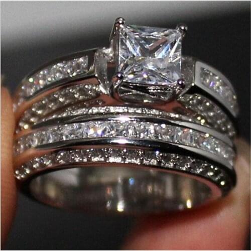 Luxury Square Princess-cut white topaz Rings finger Set 2-in-1 Engagement Wedding Rings For Women 10KT White gold Jewelry