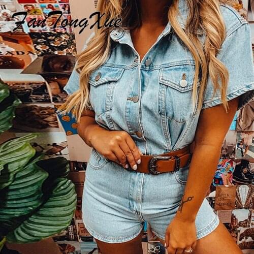 Denim Rompers Women Summer Solid Button Sashes Pocket Design Playsuits Women Skinny Short Sleeve Turn Down Collar Fall Jumpsuit