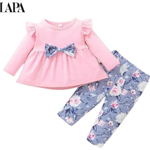 Baby Girls 2 Pcs Set O-Neck Ruffled Bow Long Sleeve Top Floral Print Long Pants Suit Newborn Baby Girl Clothes Outfits 0-24M