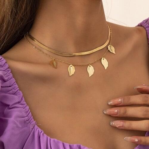 Korean Copper Leaves Tassel Pendant Necklace Charm Layered Vintage Flat Blade Snake Chain Choker Necklace for Women Neck Jewelry
