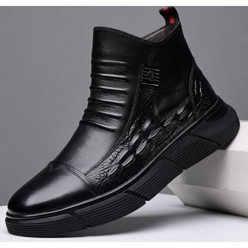 Brand New Men Boots Genuine Cow Leather High Tops Casual Shoes High End Winter Plush Inside Keep Warm Footwear Platform Shoes