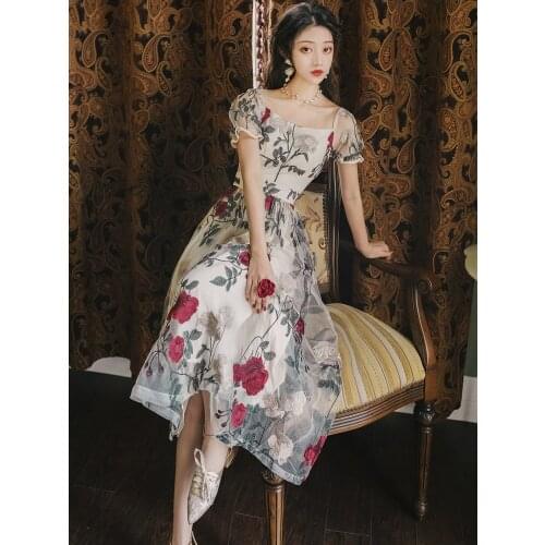 2020 new fashion womens clothing Vintage dresses Print Short Square Collar dress women