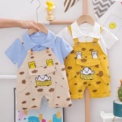 2021 New Summer Baby Girls Boys Clothing Toddler Fashion Infant Children Cow Clothes Suits Solid T Shirt Overalls Pants 2Pcs/Set