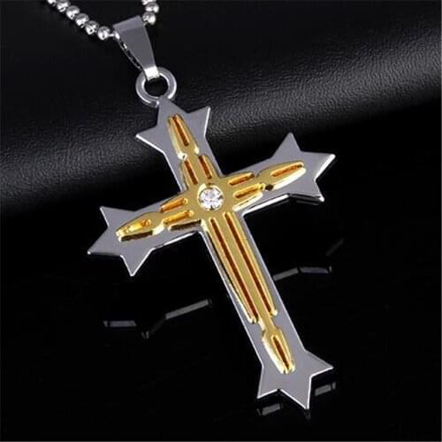 New Cross Necklace Men Gold Silver Rhinestone Cross Pendant Necklace Byzantine Chain Long Necklace 2019 Hip Hop Jewelry