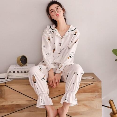 Autumn Winter Sleepwear Cotton Ladies Pajamas Set Long Sleeves+Pans Underwear Lovely Nightwear Sweet Girl Ruffle Pyjamas