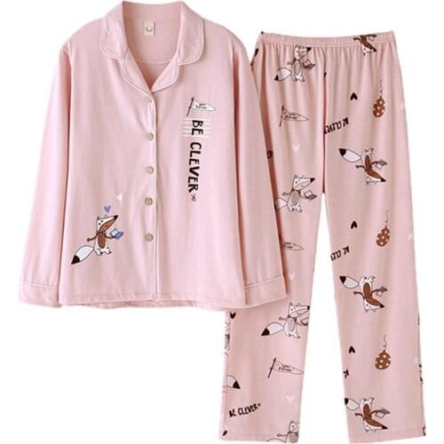 Autumn Pyjamas Women Knitted Cotton Pajamas Set Long Sleeve Turn-down Collar Cardigan Women Sleepwear Plus Size Pijama Mujer