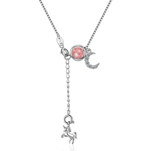 Small Horse Pendant Cute Round Ball Pink Strawberry Beige Moonstone Silver Cystral Luxury Fashion Necklace For Women S925 Silver