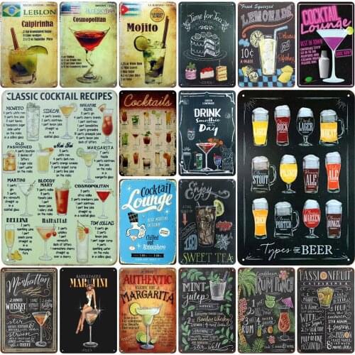 Shabby Chic Style Vintage Tin Signs Plate Types of Beer Classic Cocktail Recipes Drink Mojito Martini Bar Decoration Billboard