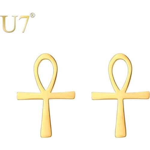 U7 Gold Color Ankh Egyptian Cross Key of the Nile Earrings For Women Fashion Jewelry Wholesale E1004