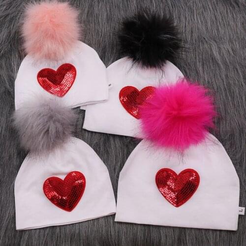 Newborn Baby girl Faux Fur pompom hat Cotton Baby hat Beanies New Intant Girl Toddler Heart kids hat baby photography props