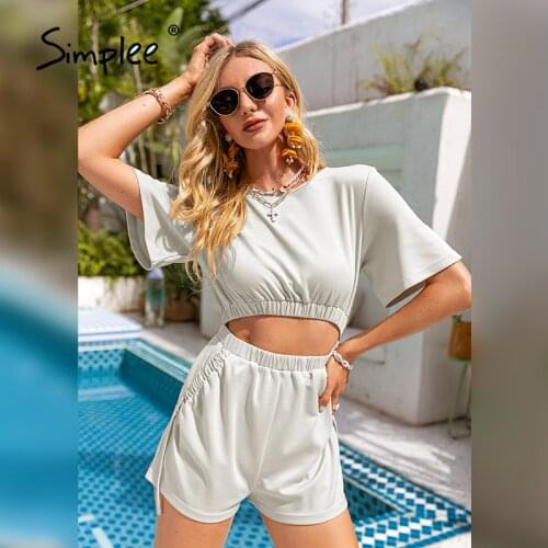 Simplee Casual solid hollow out elastic waistband women romper summer High street O-neck short sleeves jumpsuit Fashion outfit
