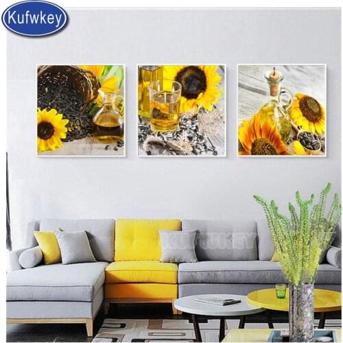 Triptych sunflowers diamond embroidery 3 Piece diy handcraft diamond painting full square mosaic still life kitchen art