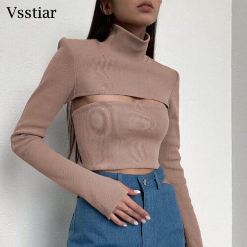 Vsstiar Rib Knitted Sexy Crop Top Womens Long Sleeve Turtleneck Y2K Pullover 2021 Fashion Solid Hollow Out Casual Tops Street