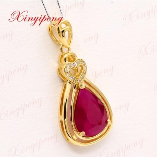 Xin yi peng 18k yellow gold inlaid natural ruby pendant pendant female 7.8 * 10 design experts with diamonds