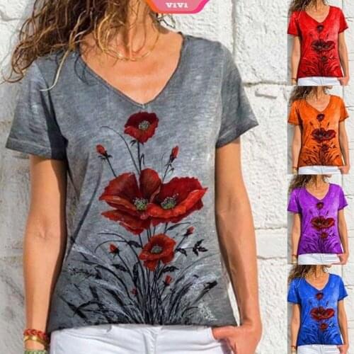 2021 Womens Summer New Fashion V-neck Refreshing Flower Printing Short-sleeved Casual T-shirt