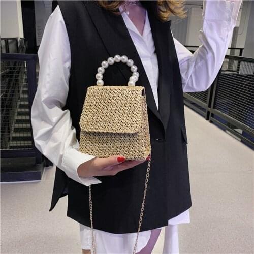 Pearl Womens Handbag Designer Chain Crossbody Bag Bohemian Summer Straw Beach Bags Female Shopper Flap Shoulder Bag Purse