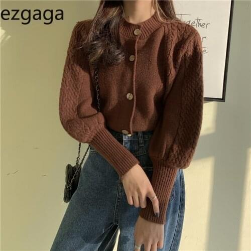 Ezgaga Sweater Women Autumn Winter 2020 New Long Puff Sleeve Solid Loose Ladies Knitted Cardigan Outwear Tender Tops Casual