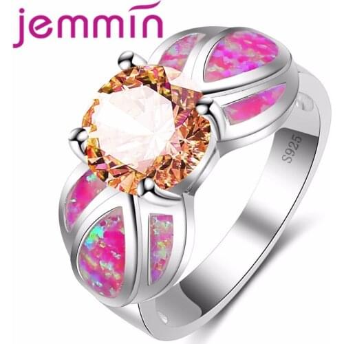 New Arrival Female Hot Pink Opal Ring Jewelry for Fashion Women Wedding Champagne Color Crystal Rings Bague Femme