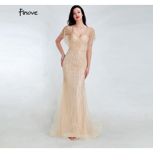 Finove New Mermaid Evening Dresses 2020 Sexy V Neck Fully Beading Illusion Back Floor Length Party Dress Formal Long Dresses